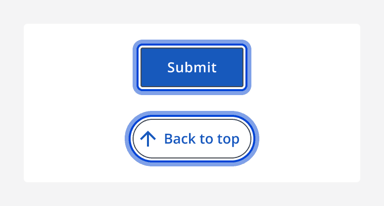 An image of a button and back to top component, both with focus applied to them.