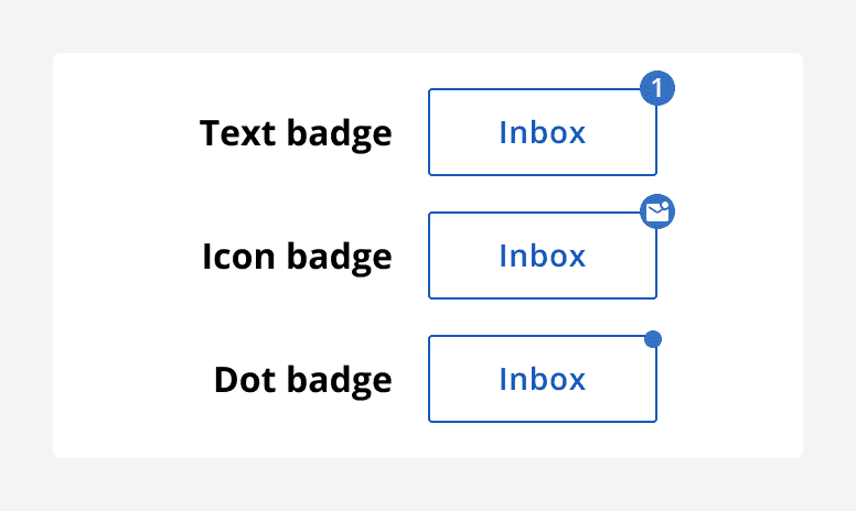 Three types of badges applied to a secondary button titled ‘inbox’.