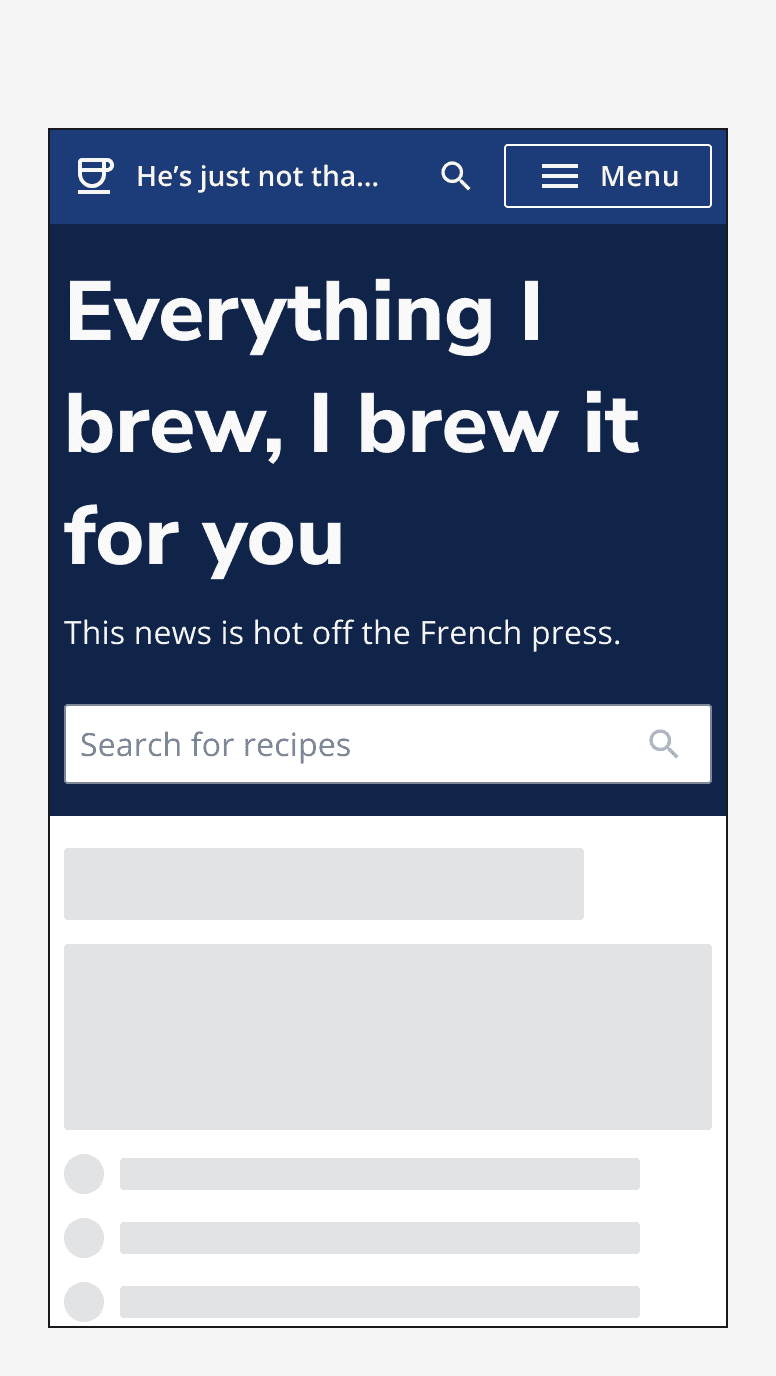 A hero that says 'Everything I brew, I brew it for you' with a search bar in the interaction area.