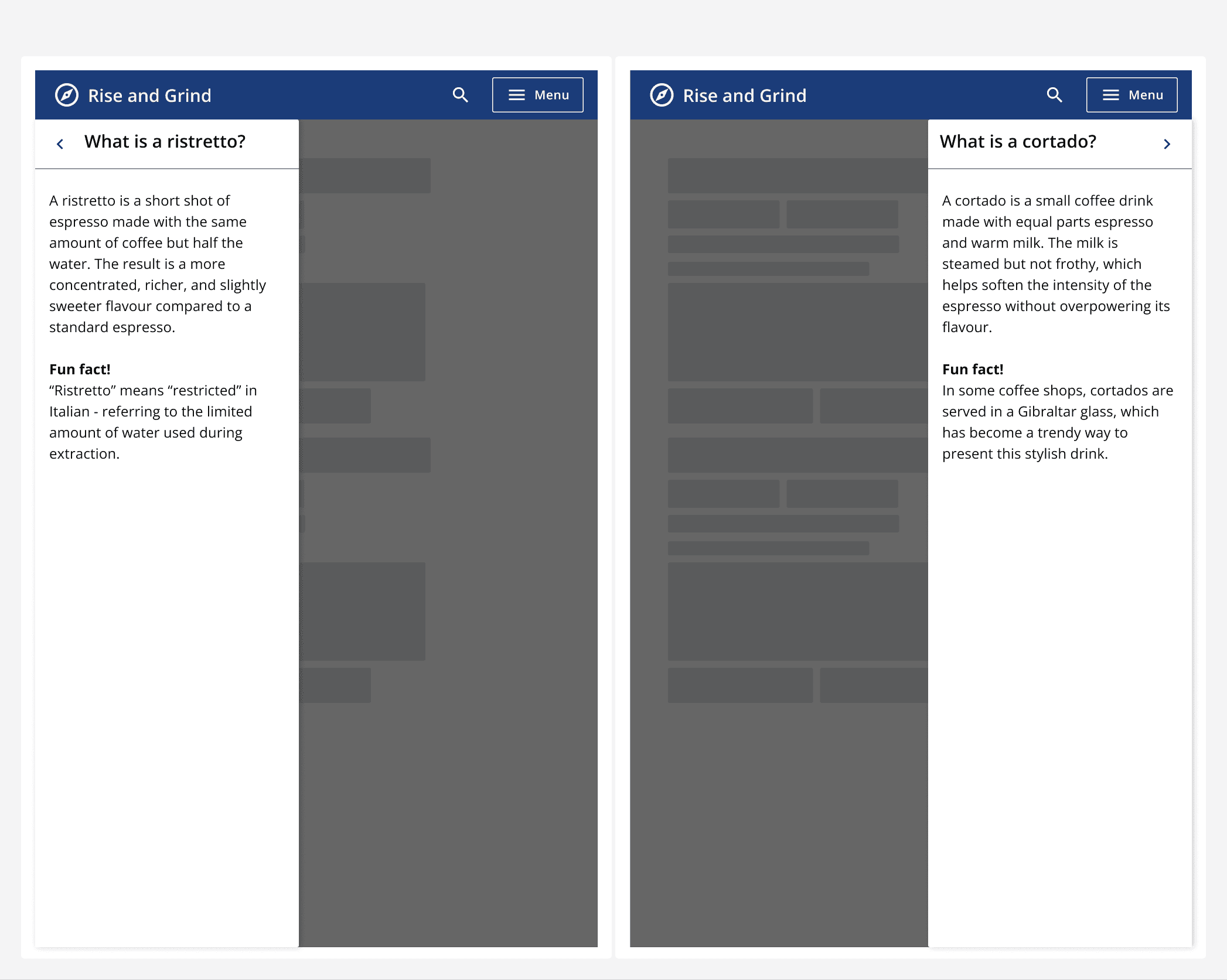 Two images of drawers, with one positioned on the left, and the other on the right. The left-positioned drawer contains information explaining what a ristretto coffee is. The right-positioned drawer contains the same kind of information, in the same format, but it is describing a cortado coffee.