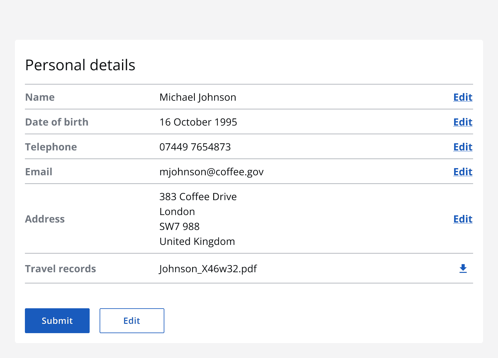 A data list titled ‘Personal details’ with six rows. The first five include an ‘edit’ link button, while the sixth includes a download icon button. At the end of the data table there are two buttons, one labelled ‘submit’, and the second labelled ‘edit’.