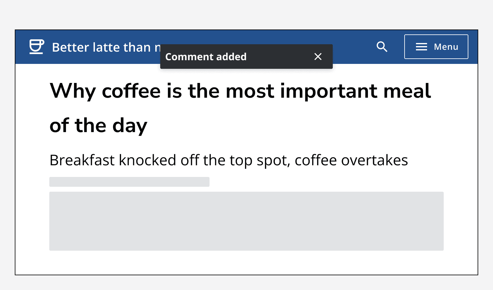 An app whose title is obscured by a toast message positioned at the top of the screen that reads ‘Comment added’.