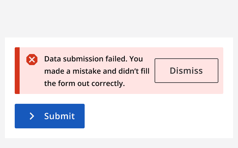 A graphic of an error message and a submit button where the error blames the user for the submission failing.