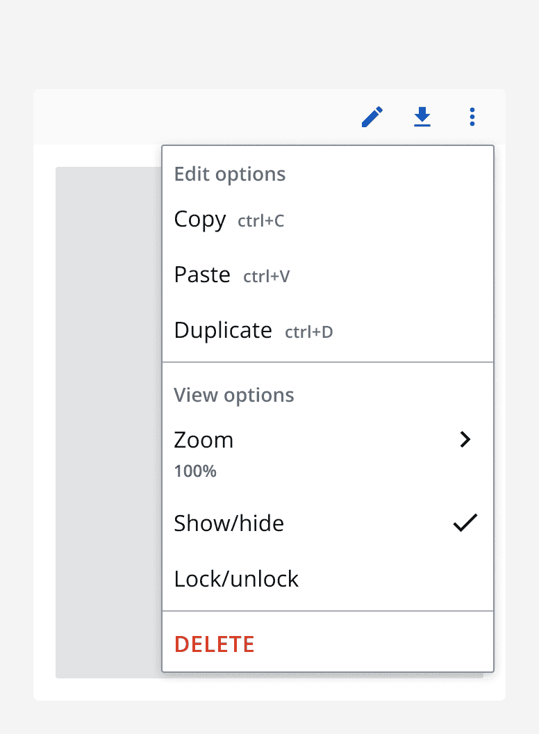 A popover menu with edit and view options using a mix of menu items, menu groups and menu toggle items.
