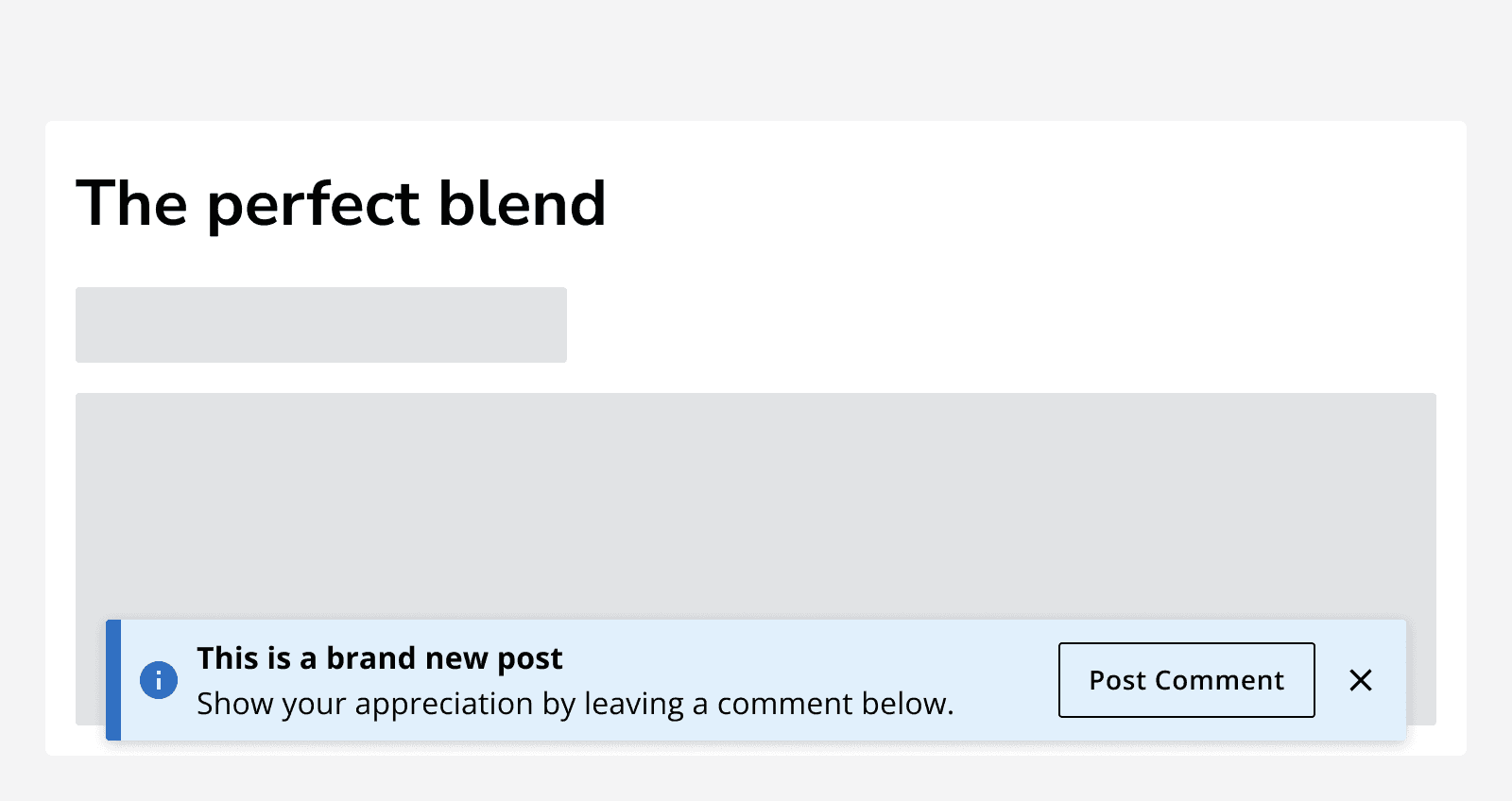An article titled ‘The perfect blend’ with an information alert overlaid on top of the page content.