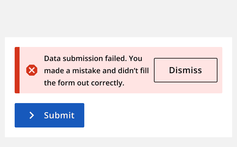 A graphic of an error message and a submit button where the error blames the user for the submission failing.