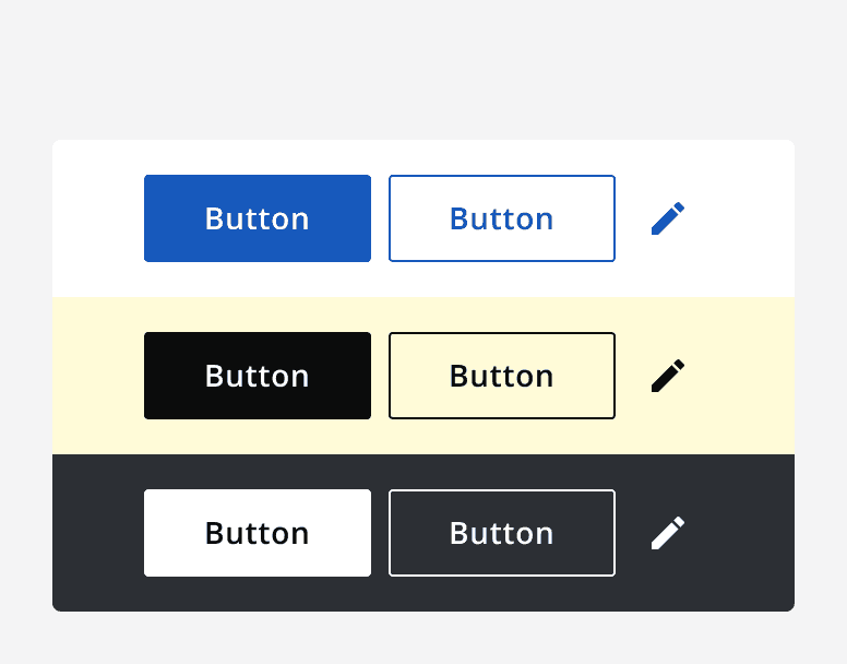 Button variants on a white background, dark button variants on light coloured backgrounds, and light button variants on dark backgrounds.