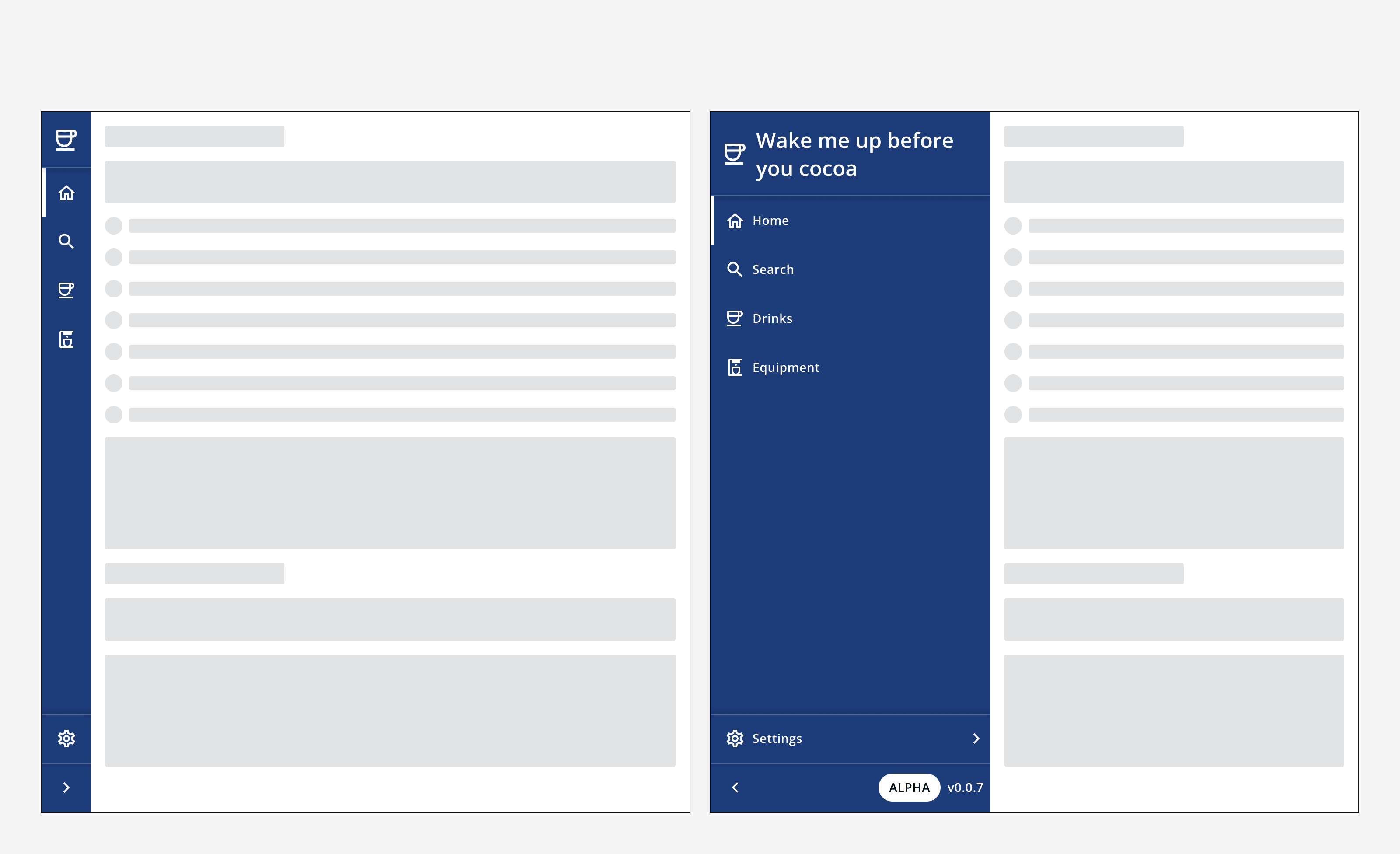 An example of an application with the side navigation expanded or collapsed by default as the page loads.