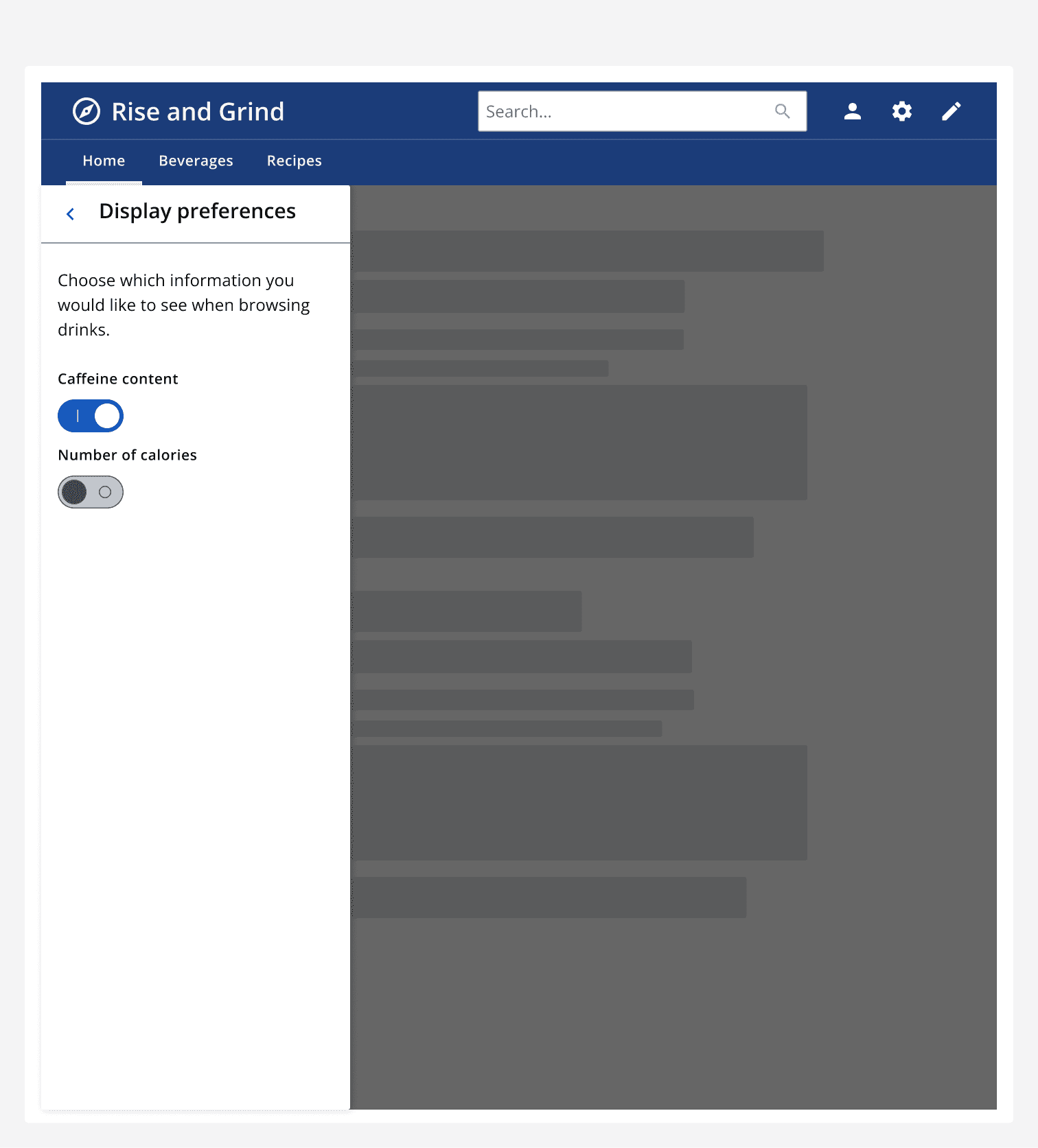 A narrow drawer titled “Display preferences”. It says, “Choose which information you would like to see when browsing drinks” and contains two switches - one for displaying caffeine content, and one for the number of calories.