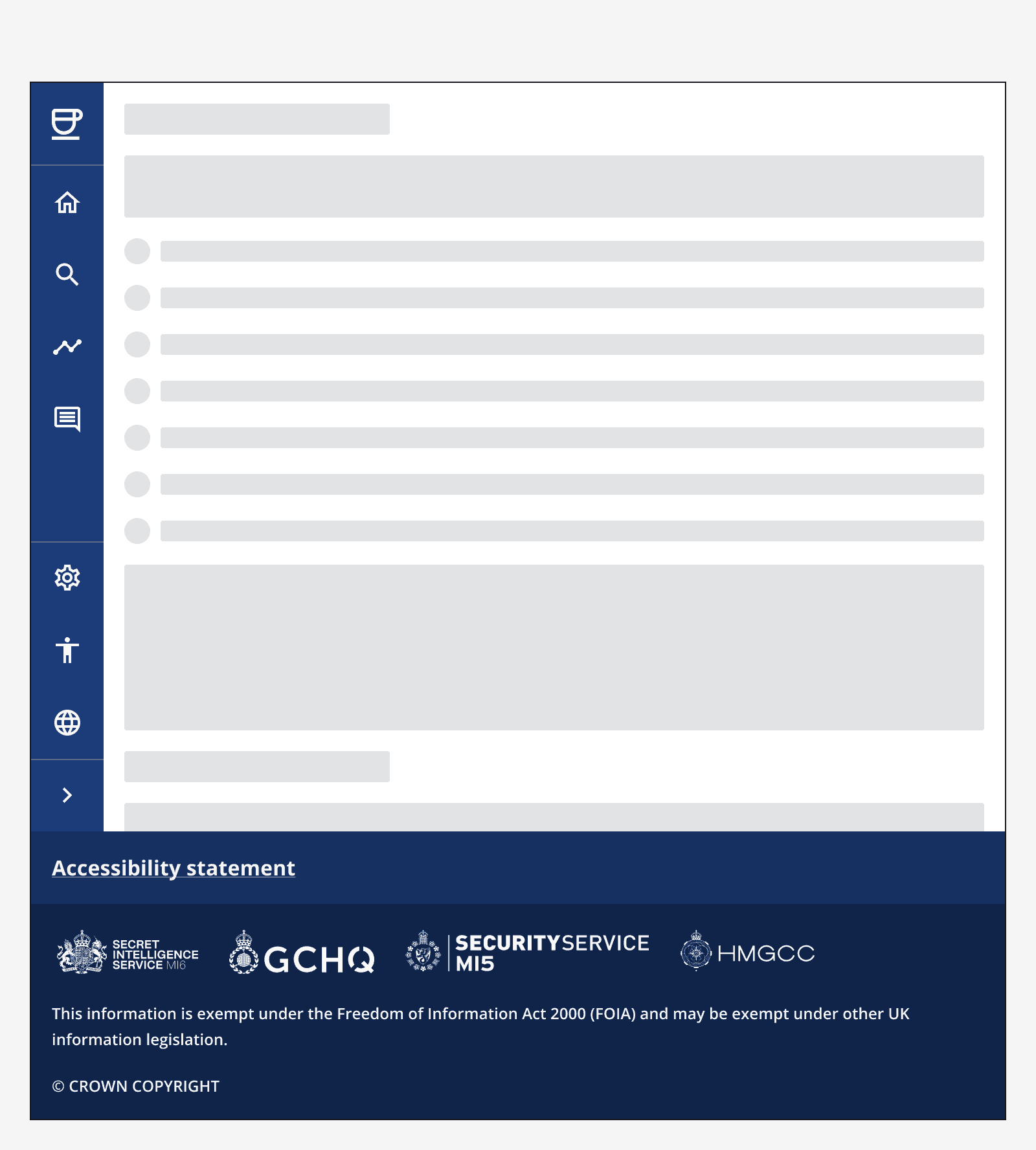 An example app with a side navigation component that sits above the footer.