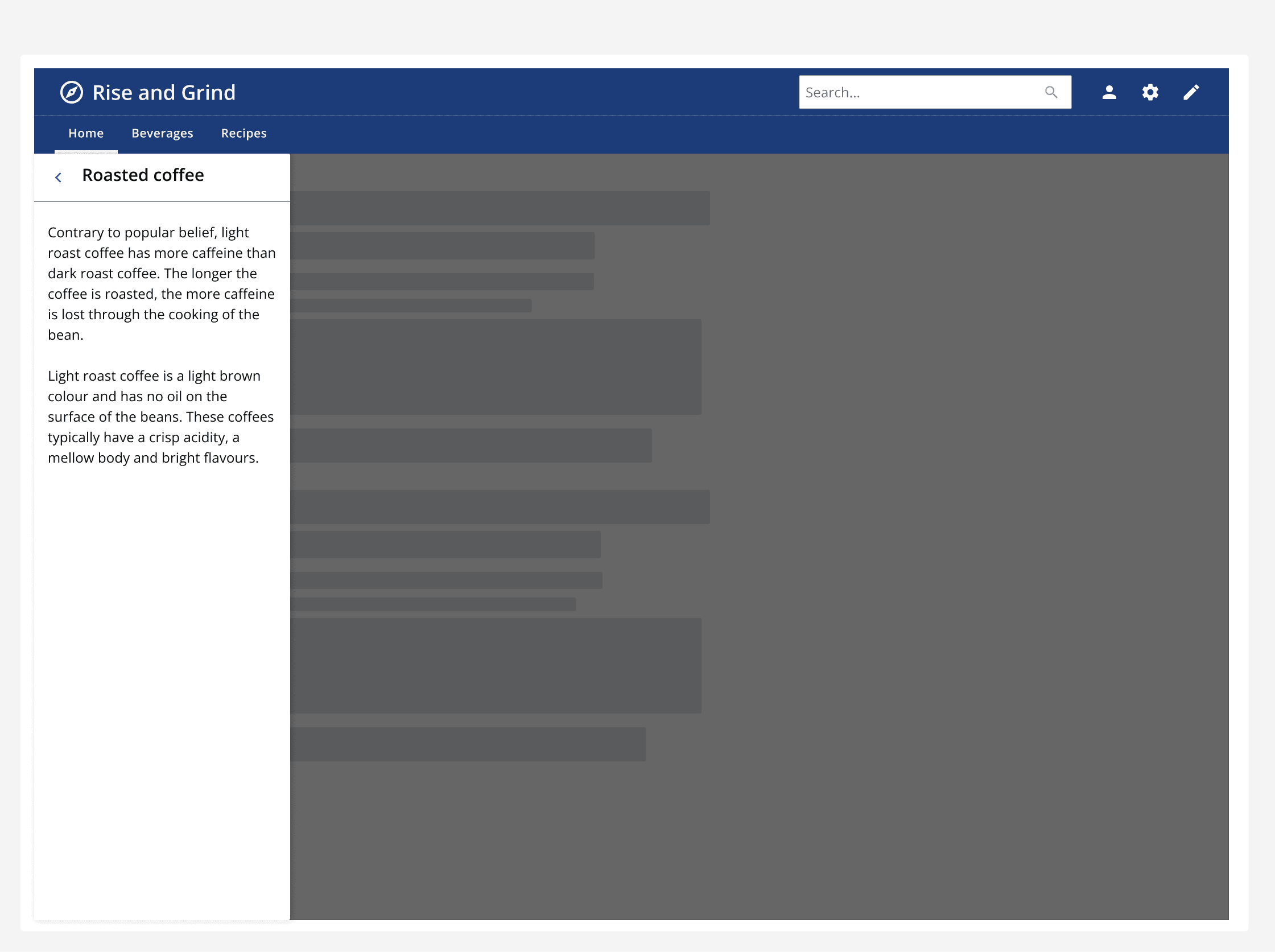 An expanded drawer on the left side of the screen displaying more information about roasted coffee.