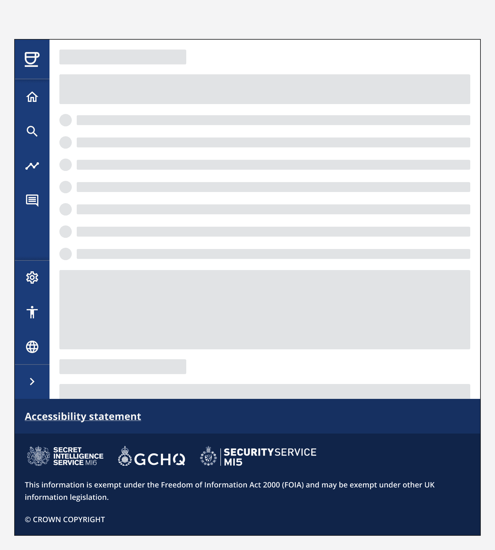 An example app with a side navigation component that sits above the footer.