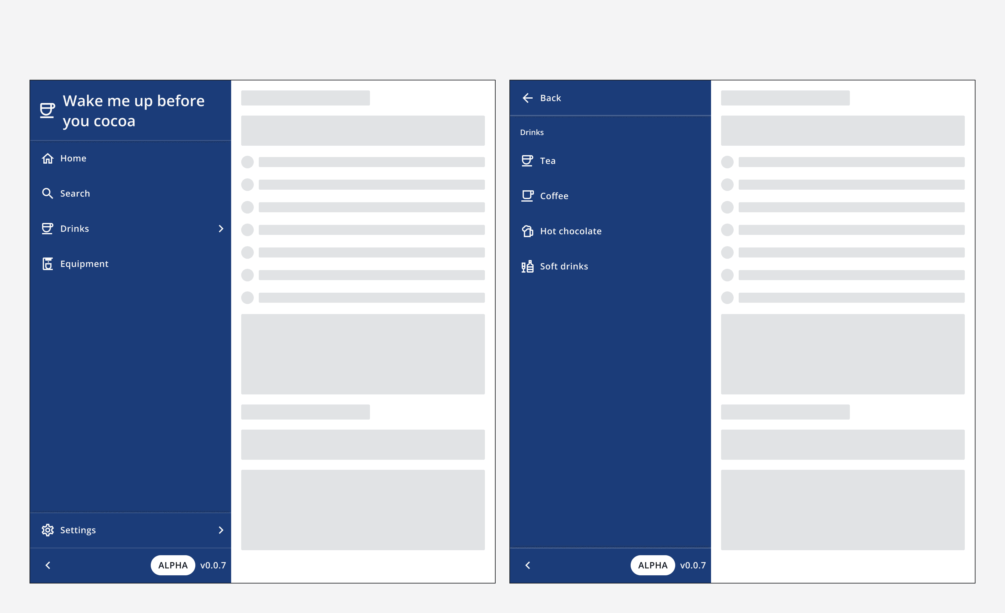 An example side navigation component showing a menu option with a sub-menu of child links.