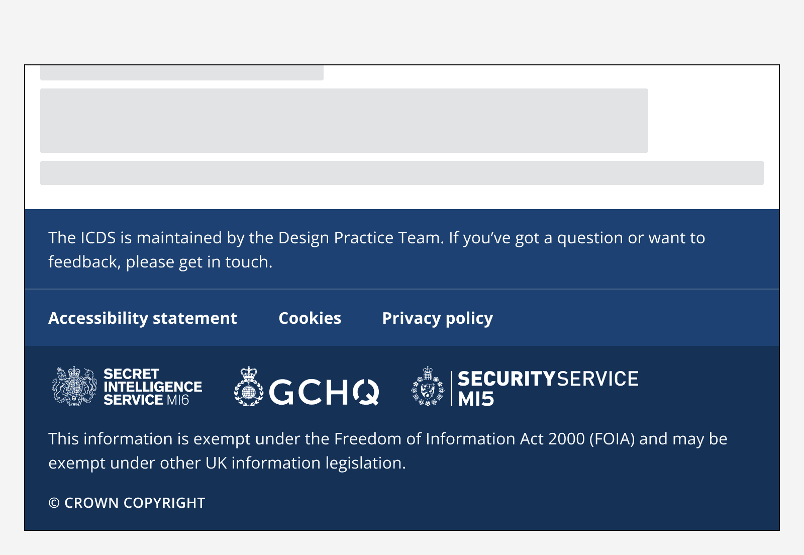 An image of a footer with two navigation groups titled ‘Services’ and ‘Policy’ which house a list of several standalone links. Every text element in the footer is white, including the hyperlinks.