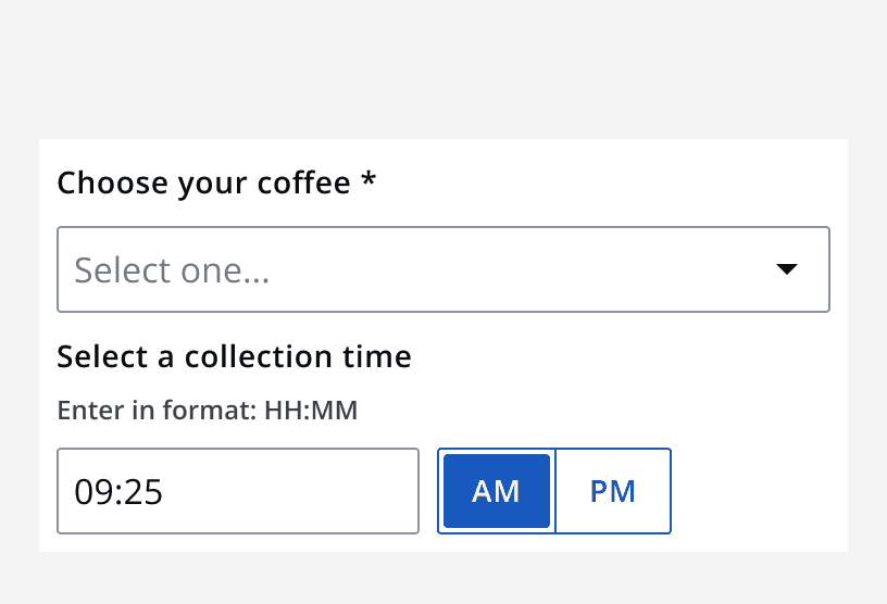 A select field above a time input field. The select field is longer than the time input field.