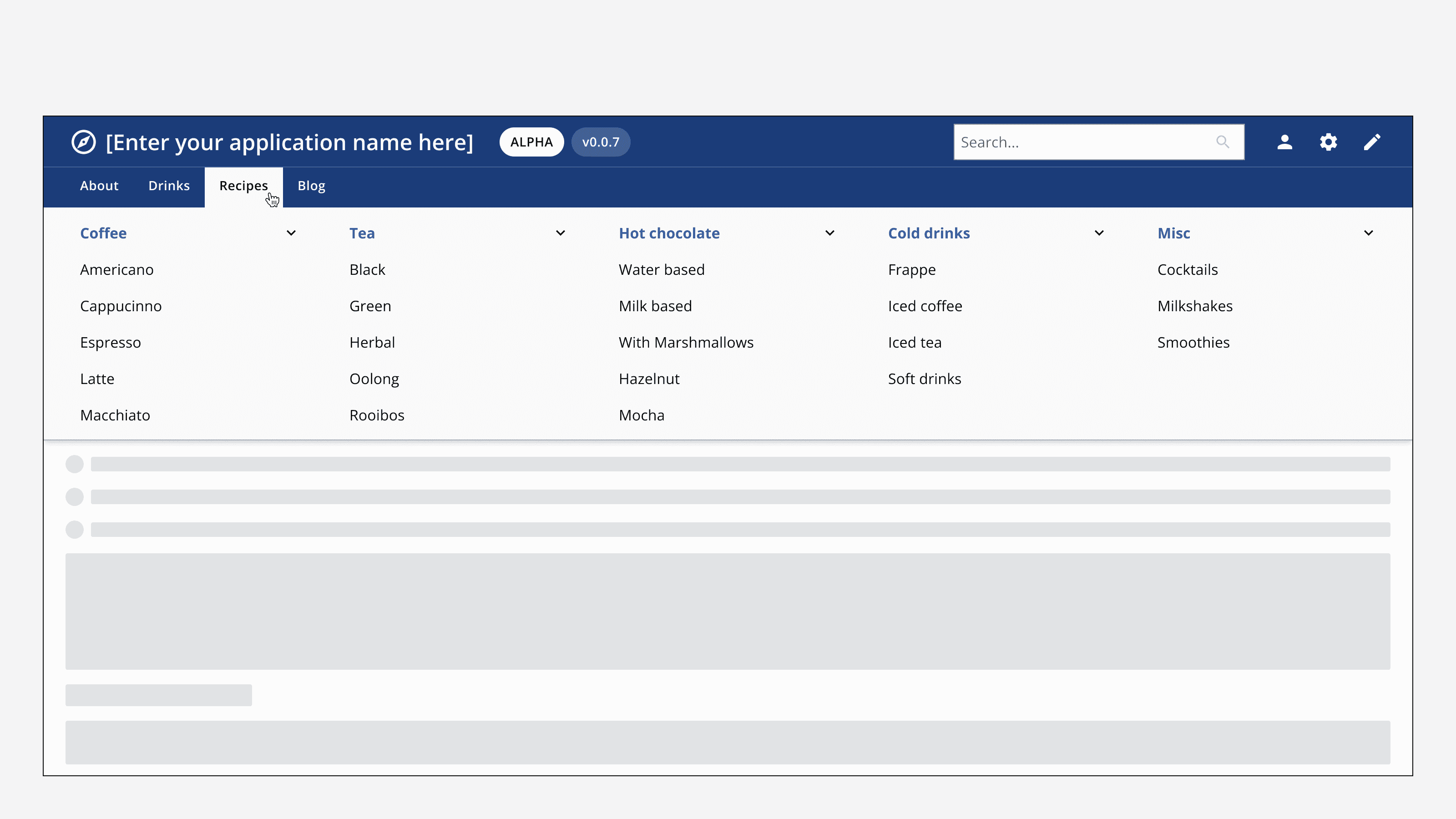 An example top navigation with mega-menu showing the mega-menu appearing when the user hovers over a navigation group in the top navigation component.