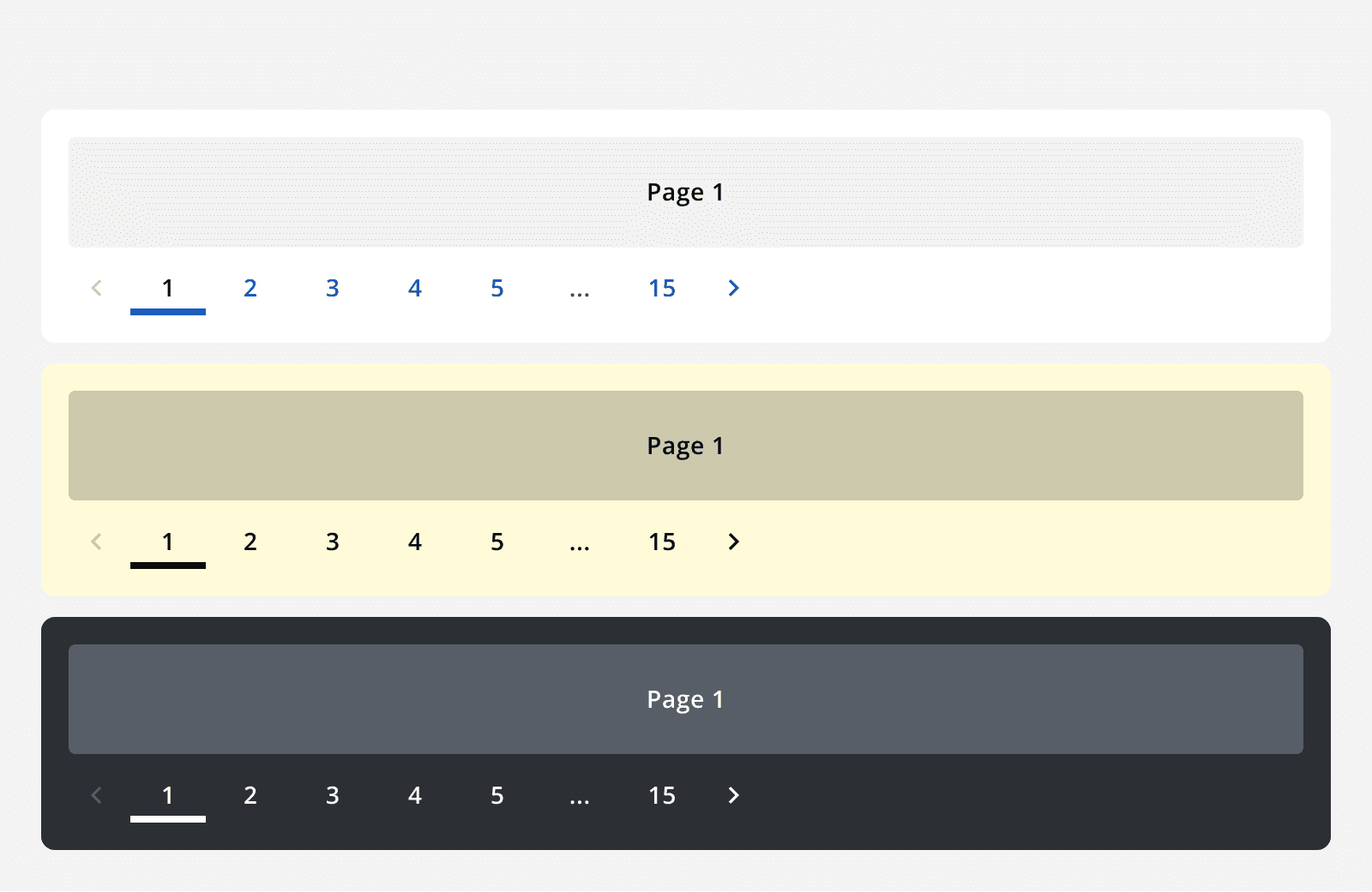 Three pagination examples on different coloured backgrounds. The default appearance pagination is used on a white background. The dark appearance pagination is used on a light yellow background. The light appearance pagination is used on a dark grey background.