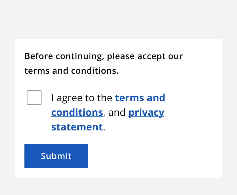 A single unchecked checkbox with a label that reads “I agree to the terms and conditions, and privacy statement”.