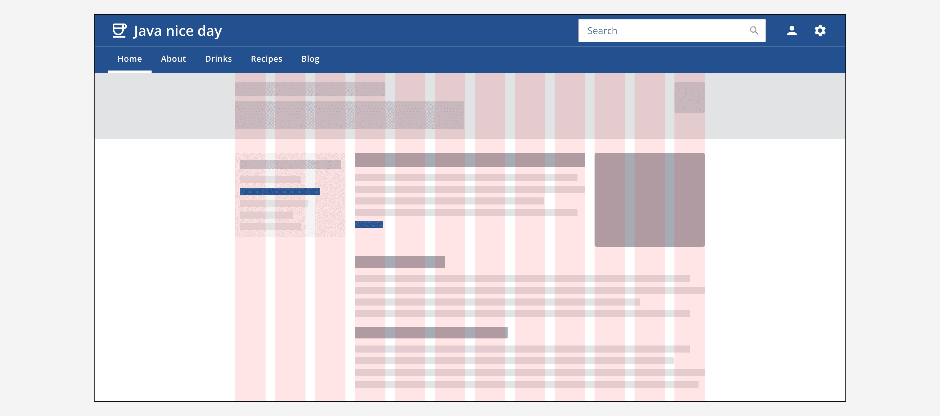 An example app titled ‘Java nice day’ that uses a top navigation and has some example content laid out on a 12-column grid.