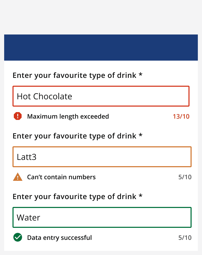 A graphic of text field validation showing an error, a warning and a success using colour, text and icons to differentiate meaning.