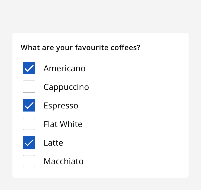 A checkbox group titled ‘What are your favourite coffees?’ with two out of six checkboxes selected.