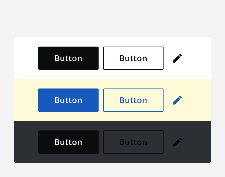 A bad example showing dark button variants used on a white background, coloured button variants on coloured backgrounds, and dark button variants on dark backgrounds.