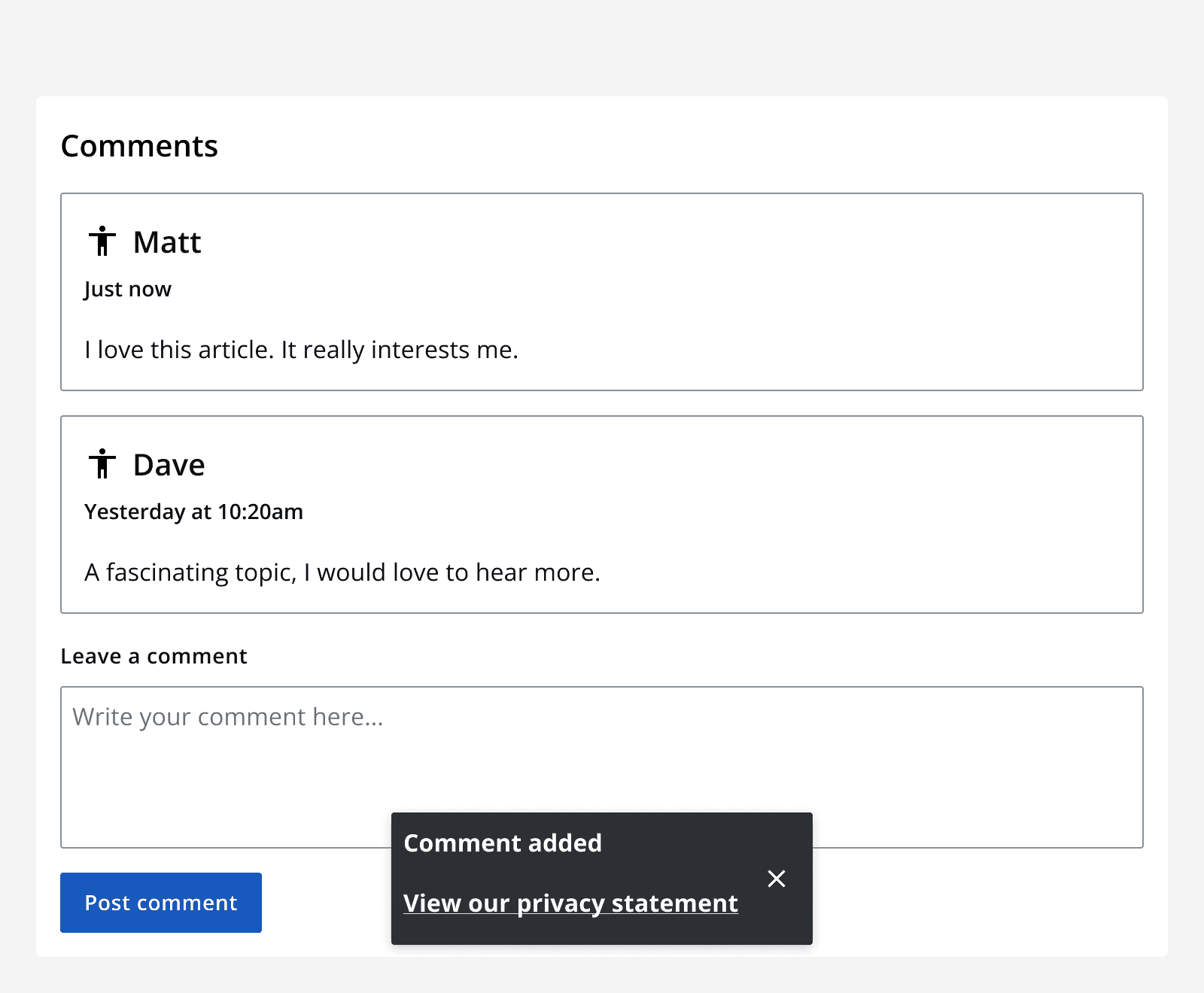 A comments section with a toast message that says ‘Comment added’ with a link that reads ‘View our privacy statement’, and a dismiss button.