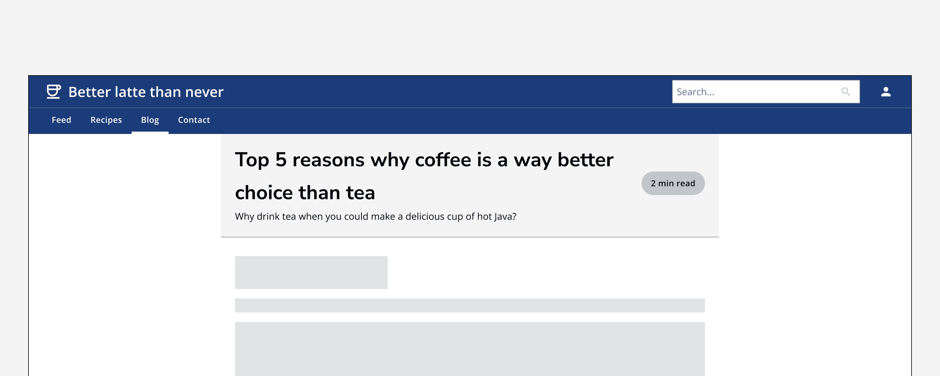 An example app titled ‘Better latte than never’ showing a page called ‘Top 5 reasons why coffee is better than tea’ with a page header that is indented from the page margins to align with the page’s example content.