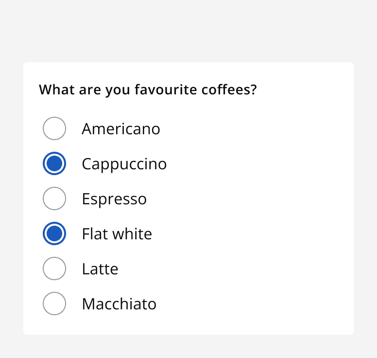 A radio button group titled ‘What are your favourite coffees?’ with two out of six radio buttons showing as selected.
