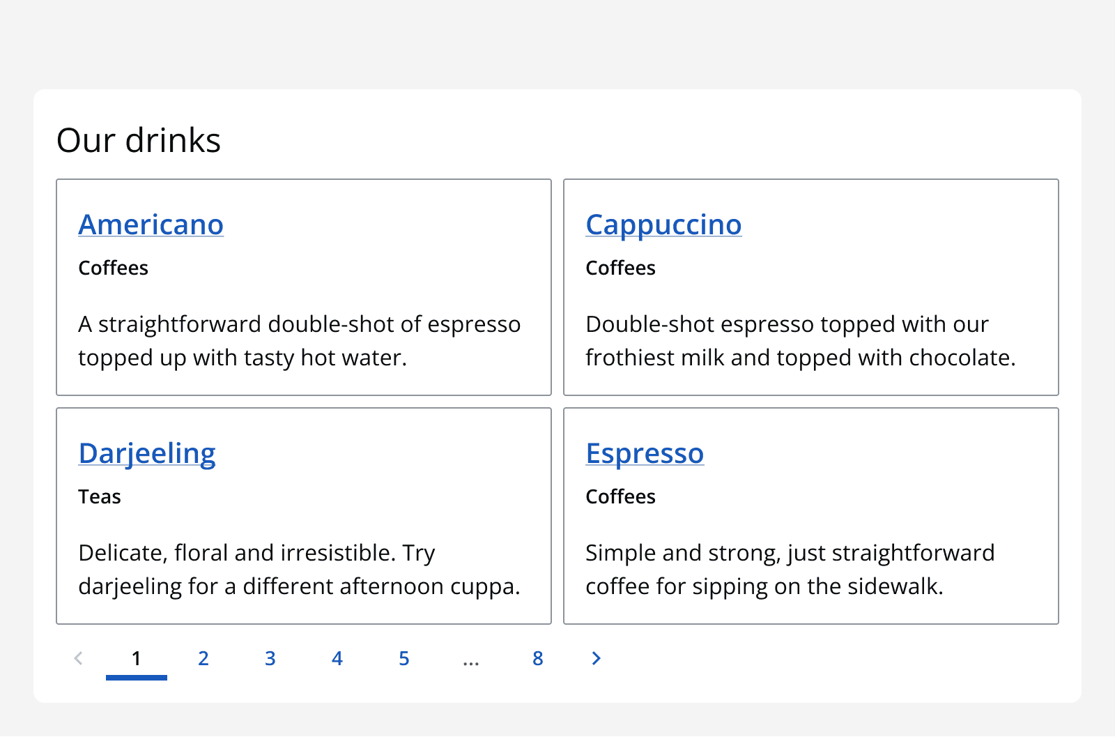 An example product grid showing hot beverages. A pagination control appears below the drinks grid that it controls.