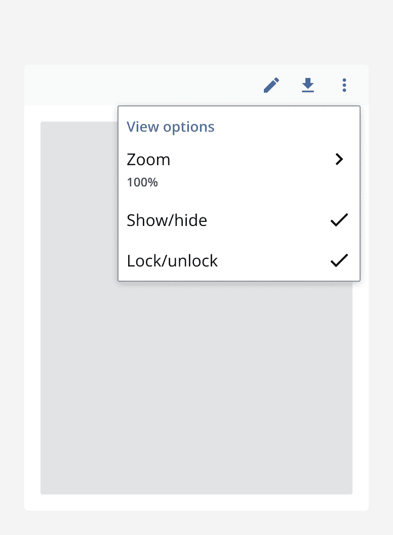 A popover menu containing two menu toggle items. Their labels read ‘Show/Hide’ and ‘Lock/Unlock’ and display a tick indicating that they are toggled on.
