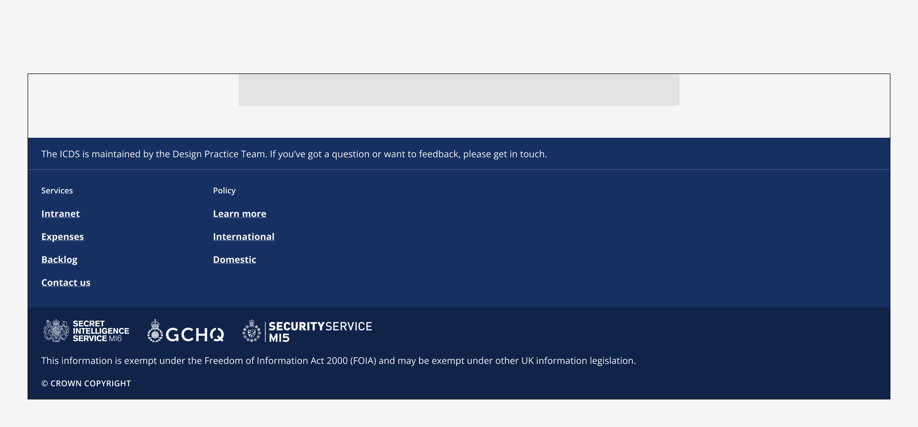 A footer showing two groups of links. The two link groups are titled ‘Services’ and ‘Policy’ and each group includes a set of links.