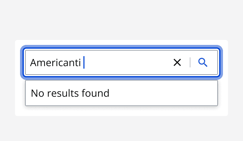 A search bar with an entered search term that has no search results.