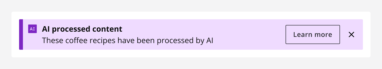A purple AI alert banner displaying the message “AI processed content, these coffee recipes have been processed by AI.”
