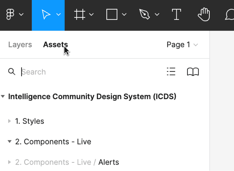Image of the left-hand side panel in Figma with the 'Assets' tab open and icon buttons on the right of the panel including the 'Team library' button.