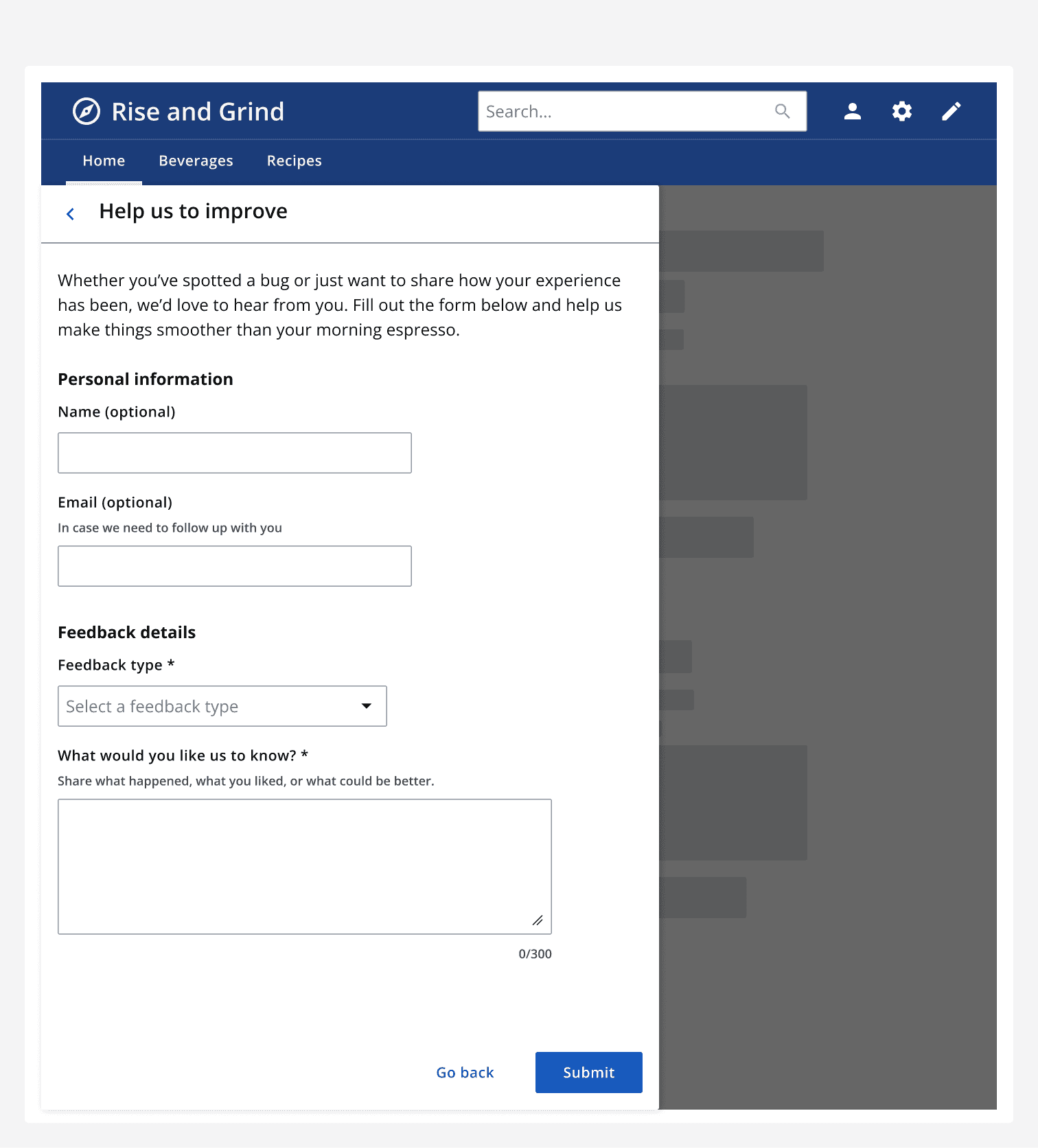 A wide drawer titled “Help us to improve” displaying a form for submitting feedback, with multiple fields. It contains text fields for a name and email, a select for the feedback type, and a text area for the detailed feedback.