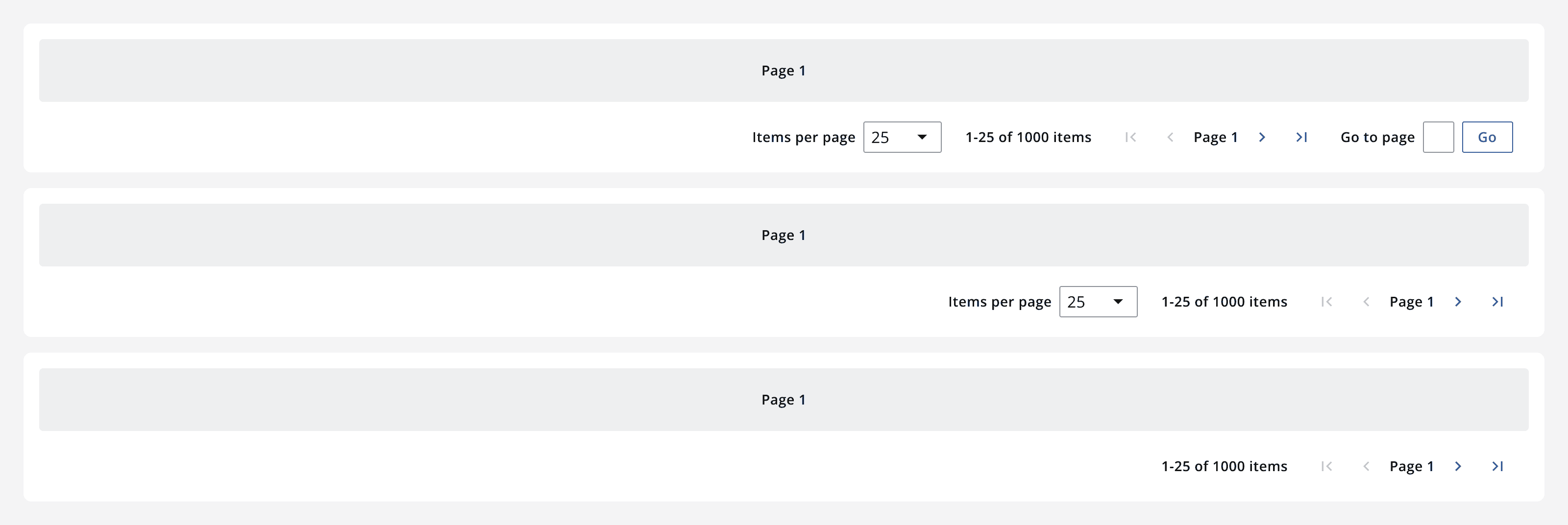 Three example pagination bars with different elements displaying. The top shows the ‘items per page selector’ and ‘go to page button’ displayed, whilst the other examples have these elements hidden.