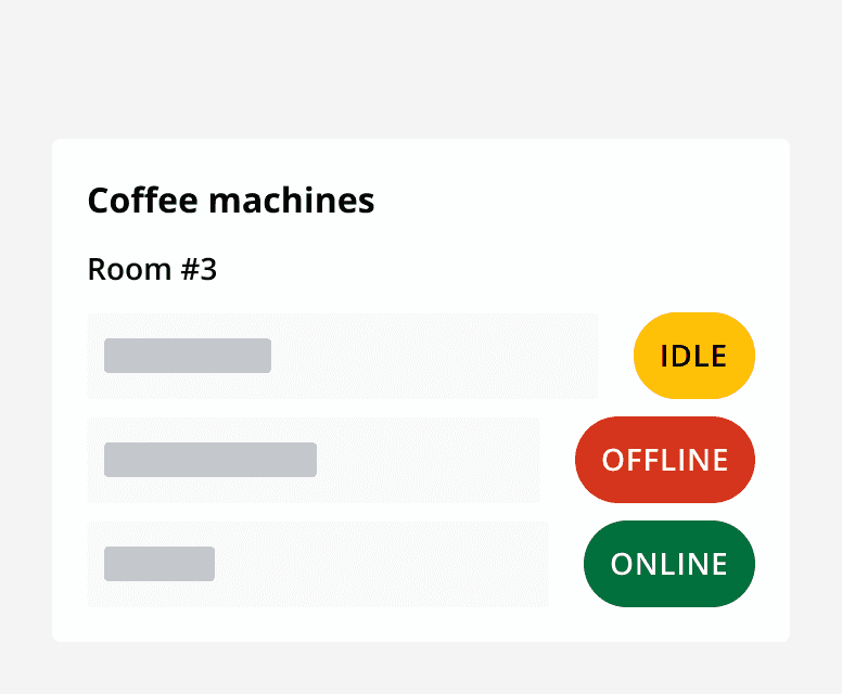 Three chips, of which a neutral tag labelled 'Idle, a warning tag labelled 'Offline', and success tag labelled 'Online' displaying the status of three coffee machines.