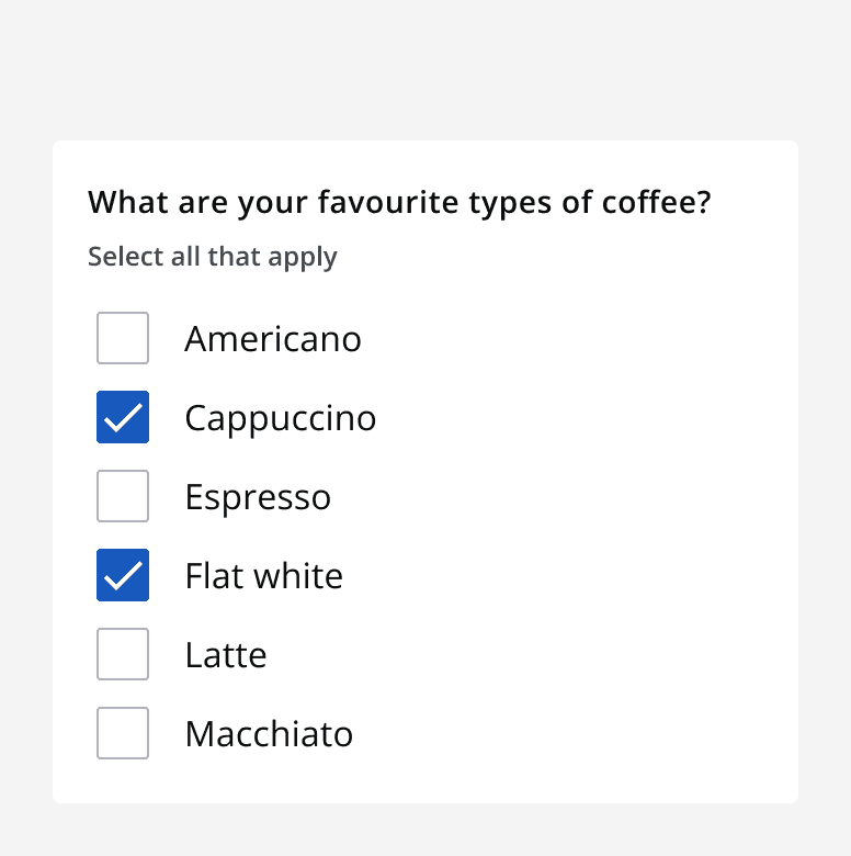 A checklist asking the question ‘What are your favourite types of coffee?’ with six options where two are checked.