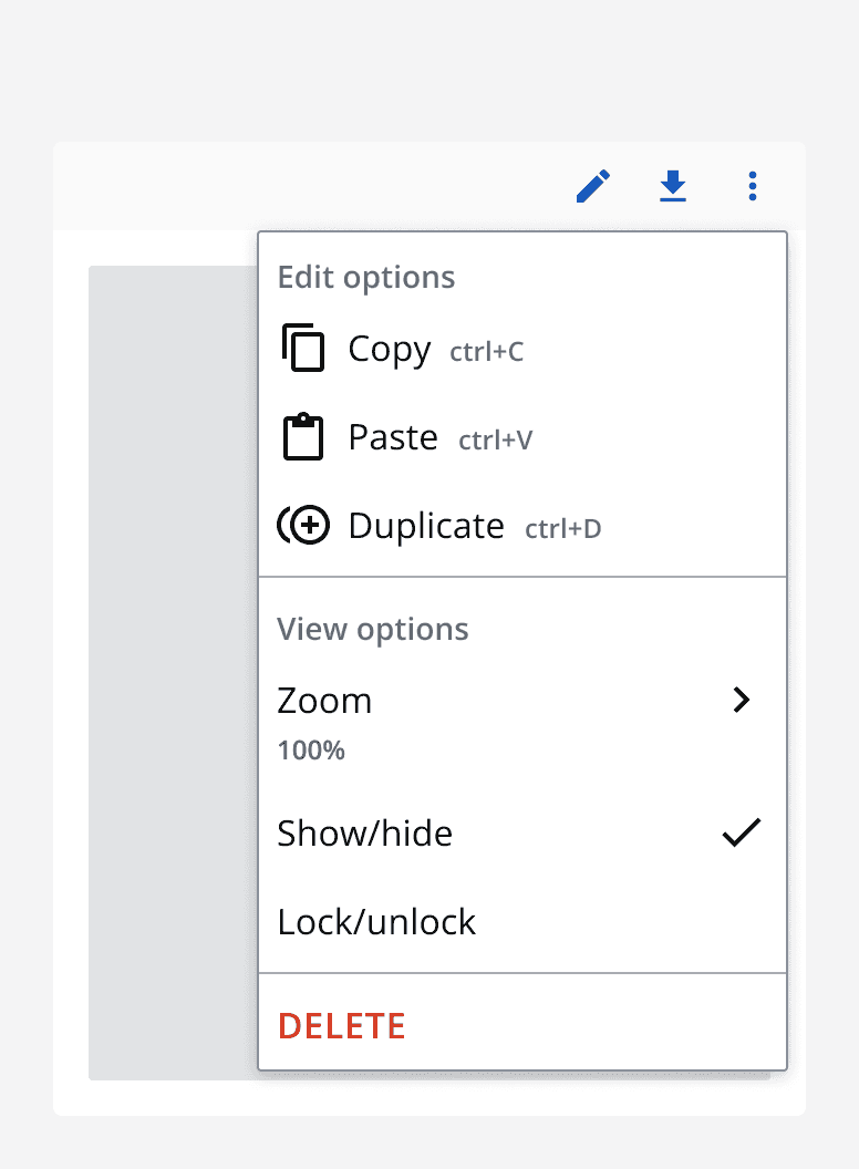 A popover menu showing a set of edit options that include icons and keyboard shortcuts alongside their labels.