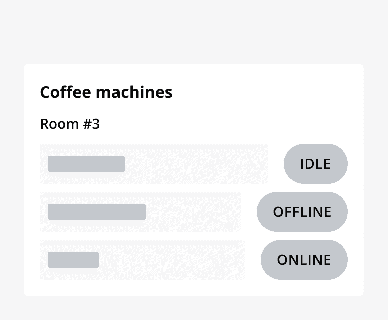 Three static chips labelled 'Idle', 'Offline', and 'Online' displaying the status of three coffee machines.