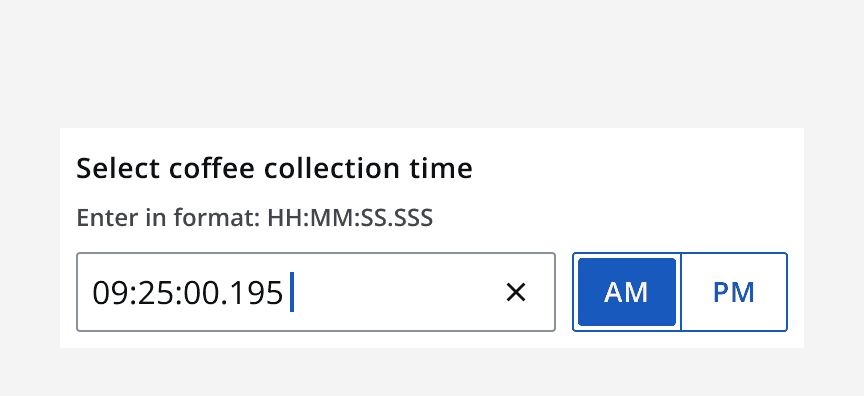 A time input component with a time entered using a format of hours (HH), minutes (MM), seconds (SS) and milliseconds (SSS)