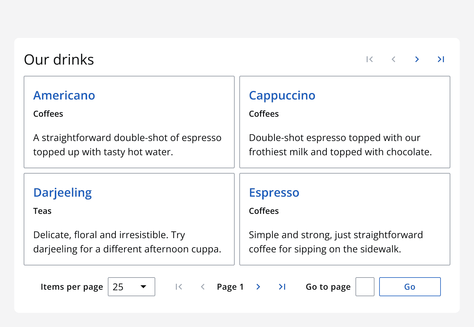 Pagination bar below a container with simple pagination above the container for additional control.
