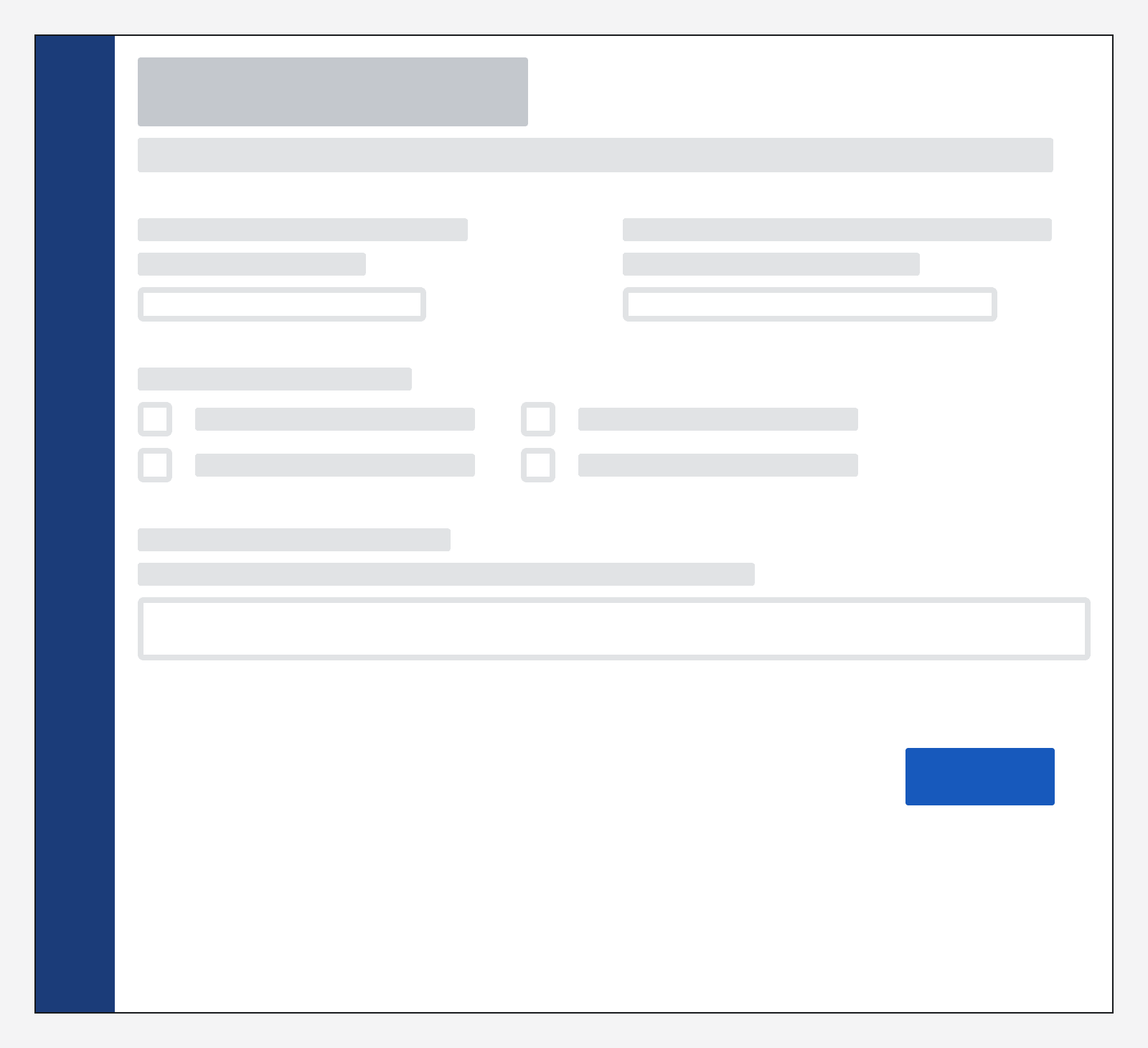 A bad example of a form with fields that take up the whole width of the screen instead of matching the size of the expected input. The form fields are also displayed in multiple columns.