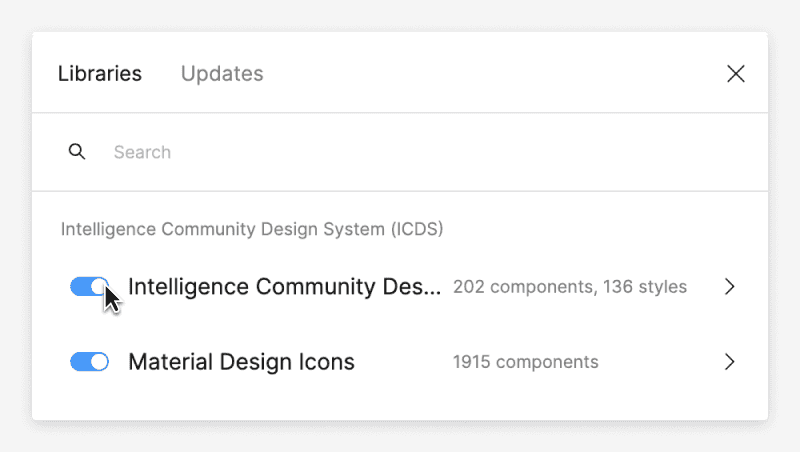 Image of the Libraries menu in Figma with the Intelligence Community Design System library turned on.