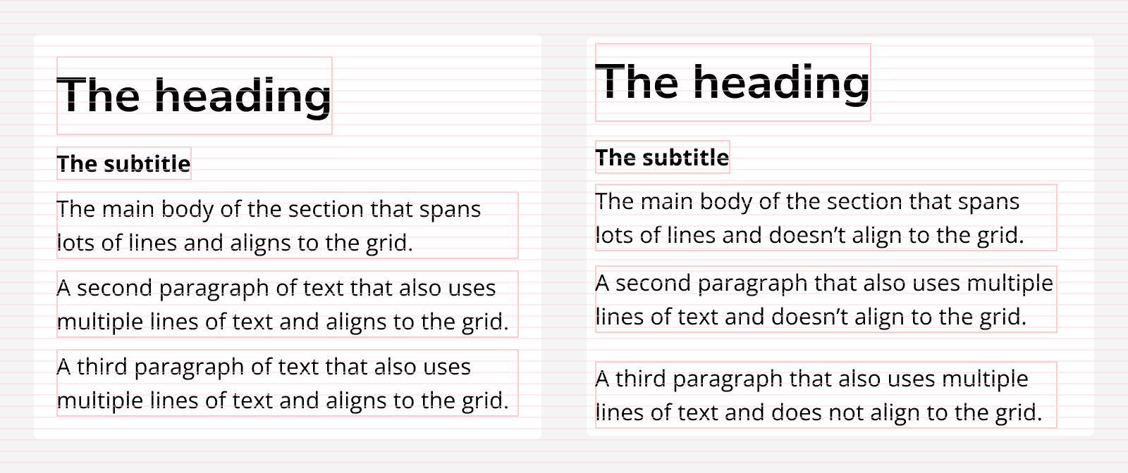 Two examples of a text article with a heading, subtitle and some paragraphs of body copy. The first example has its elements aligned to the eight pixel grid creating vertical rhythm, whereas the second example’s elements don't align to the grid and seem uneven.