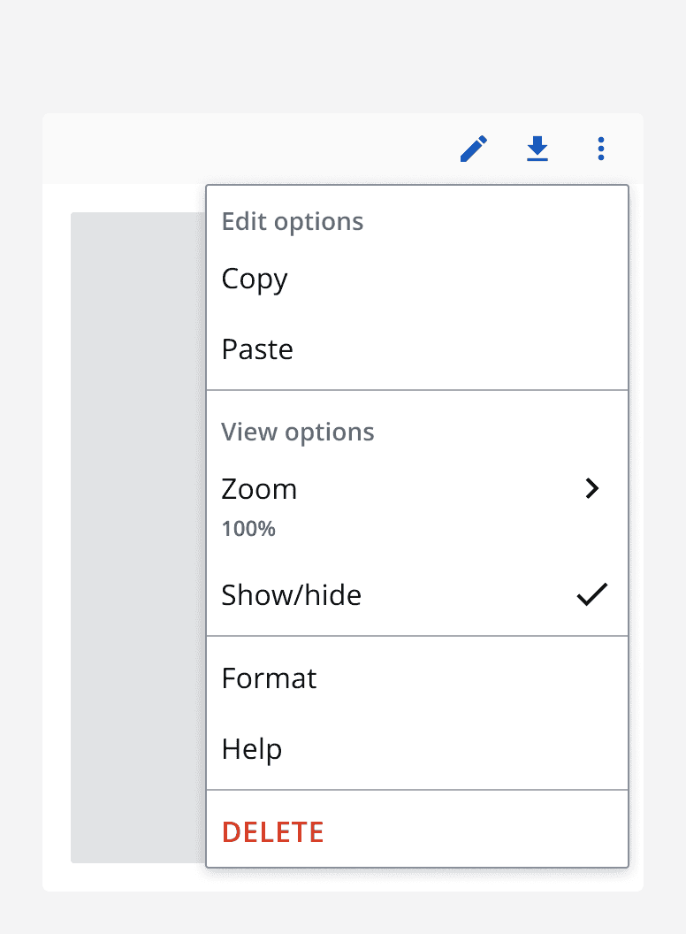  A popover menu with a menu group for ‘Edit options’, a menu group for ‘View options’, an untitled menu group containing unrelated actions, and a final untitled menu group containing destructive actions.