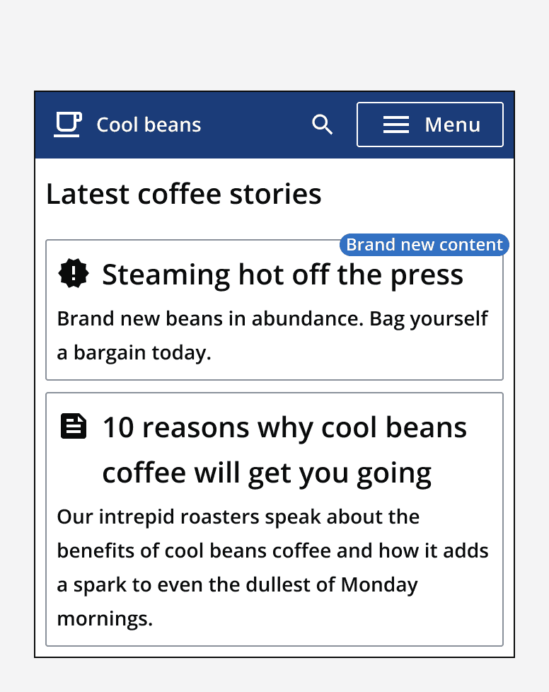 A list of cards showing coffee themed blog posts. The top card has a text badge displaying the label ‘Brand new content’.