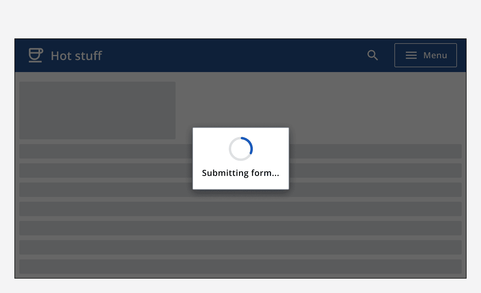 A loading indicator placed inside a modal dialog, overlaid on a page filled with content.