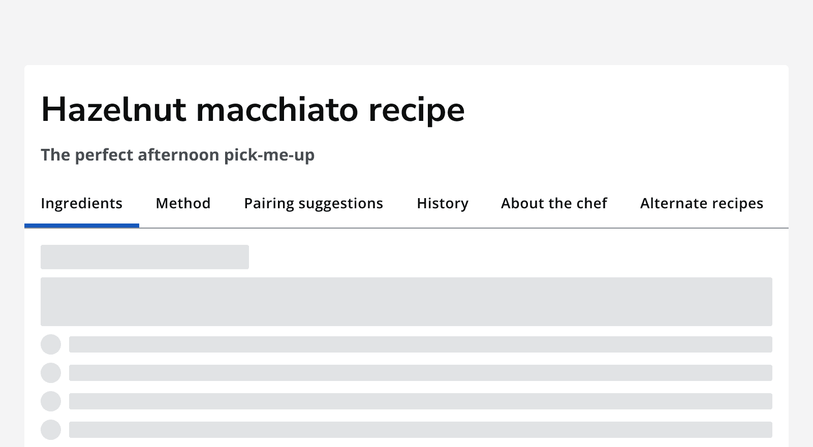 A recipe page with a tab bar with six tabs.
